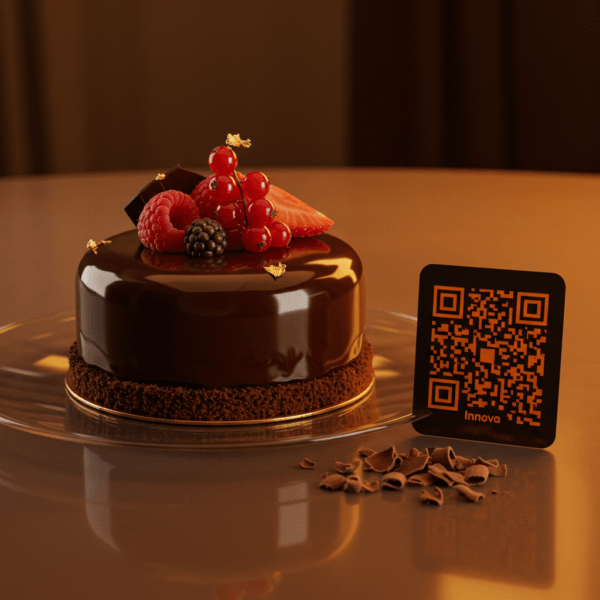 Pastel de chocolate con un código QR interactivo para crear menú digital y sitio web para restaurante